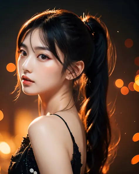 beautiful japanese girl　Detailed dark hair with intricate colors　ponytail　red eyes　Straight gaze　Simple black dress　Fire Witch　particles of light　light　wallpaper　high contrast　colorful　professional lighting