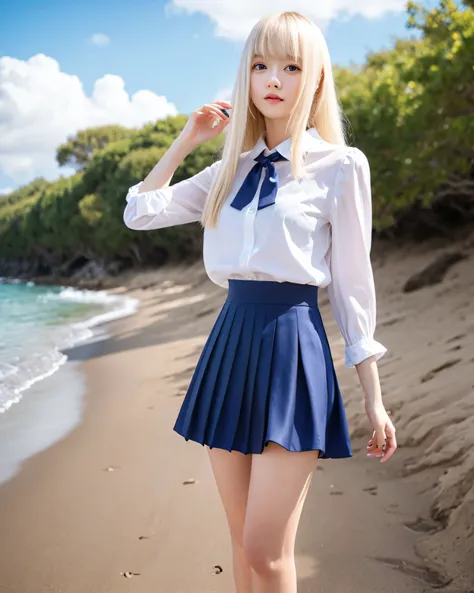 beautiful japanese girl　platinum blonde thin hair　Detailed intricate hair　Super Long Straight Silk Hair　Asymmetrical bangs、Magical beautiful eyes　Moist brown eyes　Emeral look　（school uniform:1.5)　navy pleated skirt　mini skirt　（I can see a little of your be...