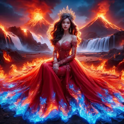 arafed woman with bustier gigantic breast in a flame corset and flame dress in front of a building, wearing an ornate outfit, ornate dress, intricate dress, elegant flame corset, ornate and elegant, extravagant dress, inspired by Hedi Xandt, ornate attire,...