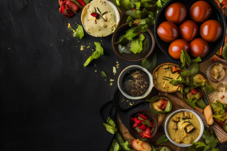 a close up of a table with various types of food, food particles, high quality food photography, food styling, food photography,...