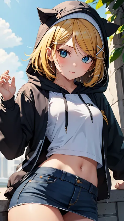 Kagamine rin , 1 girl , wearing a red hooded sweater , white miniskirt with gold horizontal lines , viendo al espectador , bragas visibles , rostro seductor ,(imagen de ultra alta calidad 8k ) obra maestra ( high-definition picture ) , maximum image resolu...