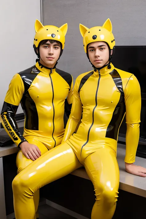 Two high school boys wearing yellow latex catsuit sitting 