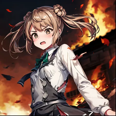 torn cloth, bra, torn skirt, {{love live!}},{{masterpiece}}, {highly detailed}, ,(masterpiece, best quality:1.2), upper body, MichishioKC, {{from below}}, angry, shouting, school uniform, pinafore dress, green ribbon, looking at viewer, small breast, long ...