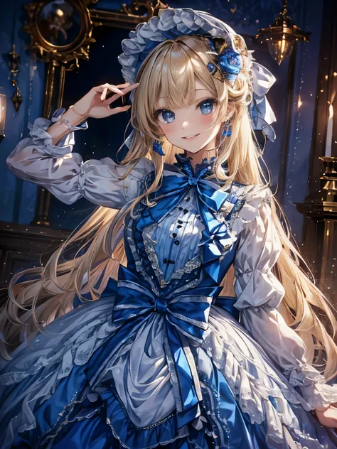 prompt: 8K resolution, delicate features, , single, Unique pupils, A smiling smile, blonde, princess cut, Bow hair ornament, brooch, shiny candy blue dress, golden embroidery,lolita style, gothic style, facing the viewer, Otaku Room, Female imps