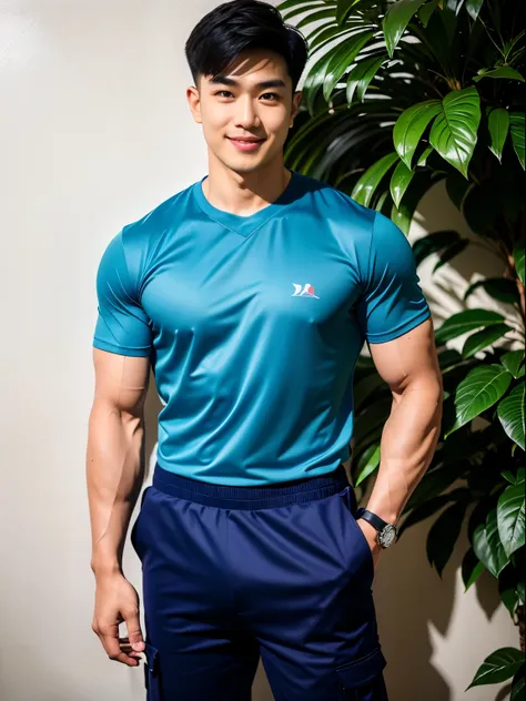 1 man, smile, (Wear a short-sleeved sports shirt..), Navy Cargo Pants, Young Korean , Korean Men, (High shadow detail), Pectoral muscles, Big arm muscles, blood vessel, Big muscles, Wide shoulders, looking at the audience, balance eyes, (eye contact), lawn