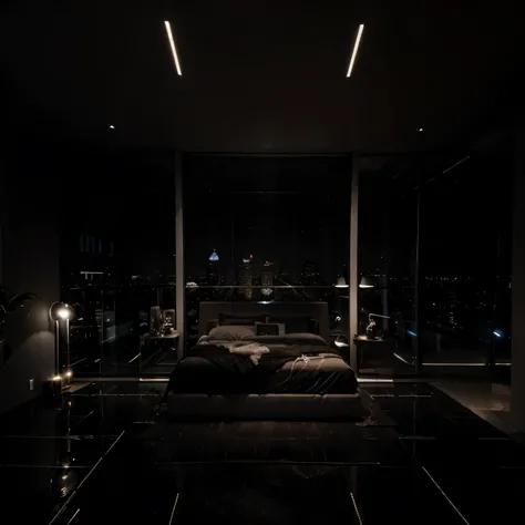 Night, Bedroom, skycraper appartment, dramatic light, low light, elegant apartment, luxurious aparment, expensive, modern apartment, marble floor, reflective floor, large windows, wall windows, window view, night city from above, new york from above, grey ...