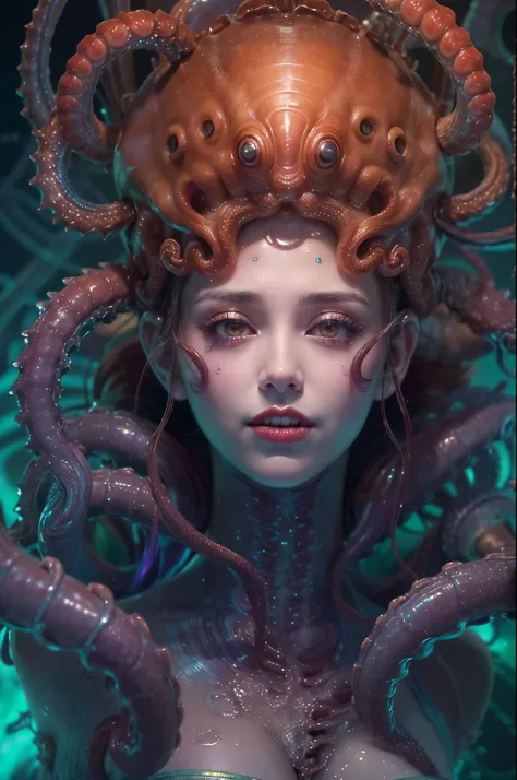 (1 beautiful and obscene female alien in the water of the deep sea:1.4), (There is a female genital-like organ in the middle of her forehead:1.95), She has medusa-like hair, (there are lots of translucent tentacles from her head like her hair:1.5), (vulgar...