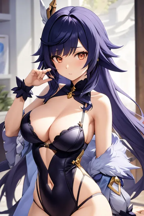 a female wear lingere, character from genshin impact , details, anime