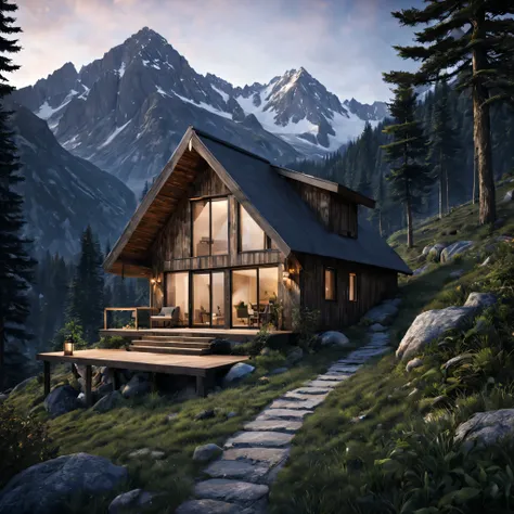 design an exterior of the hut, the hut seamlessly blends with its surroundings mountains, embracing the natural landscape. consi...