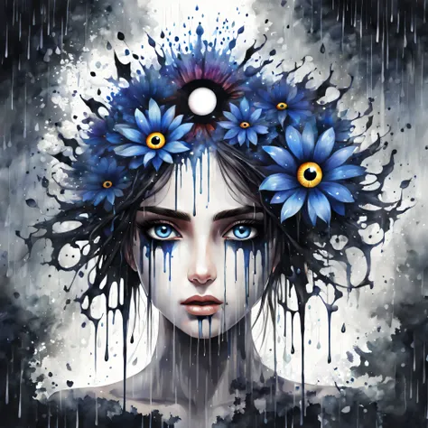 watercolor paint, dangerous girl&#39;s center position&#39;head of, evil eye flower, with the darkest splash, focusing on dark f...