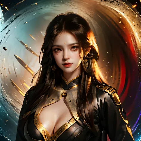 a 30 year old woman, long brownish black hair, wearing Admirals clothes. has a sinister look in her eyes has a sexy body posture, and big breasts