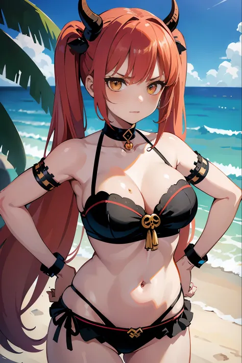 ((best quality)), ((masterpiece)), (detailed), perfect face, oni girl, light red hair, long hair, tropical beach theme, her hands on hips, normal fingers, twin tails hair, belly dancer outfit, shrine theme, night theme, angry expression, Grab your own brea...