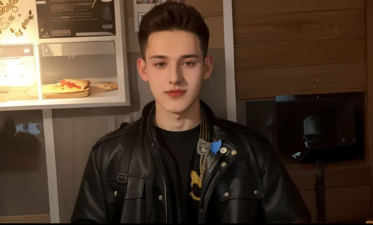 arafed young man in a black jacket holding a piece of pizza, daniil kudriavtsev, andrei riabovitchevy, kacper niepokolczycki, around 1 9 years old, andrei ryabovichev, andrew krivulya, michal, jakub rebelka, twitch streamer / gamer ludwig, male teenager