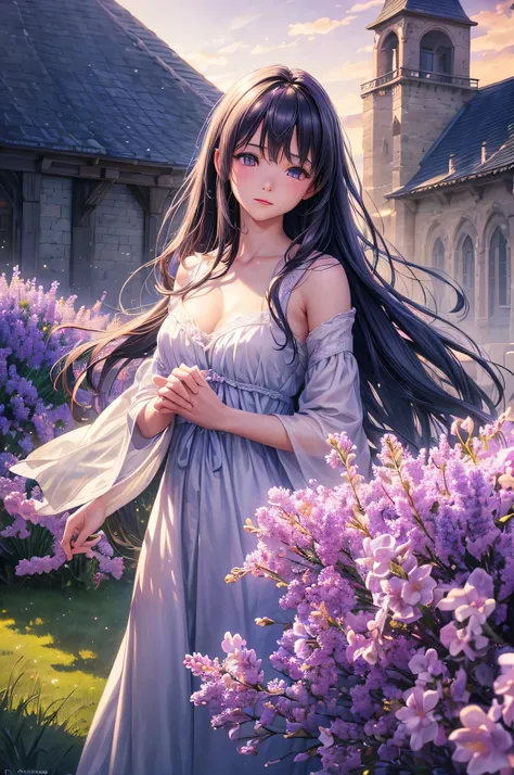 (melhor qualidade,4k,8k,high resolution,obra de arte:1.2),ultra-detalhado,(realista,photorealista,photo-realista:1.37), cores vibrantes, soft lighting, estilo anime, flores de lavanda, peaceful atmosphere, flowing dress, cabelo solto, olhos brilhantes, a d...