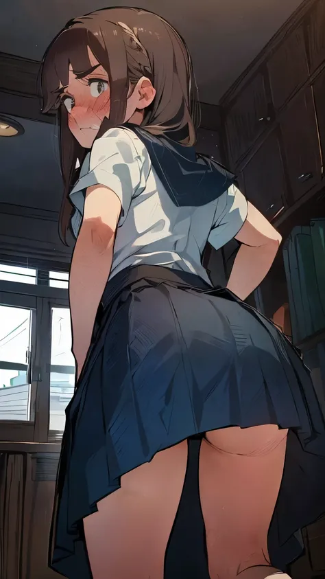 ((best quality)), ((masterpiece)), (detailed), perfect face, ((16yo teen girl)), (white shirt)), ((dark blue pleated skirt)), ((((upskirt)))), ((((bare ass)))), ((view from below)), ((cute little ass)), skinny waist, skinny thighs, loungeroom, ((embarrasse...