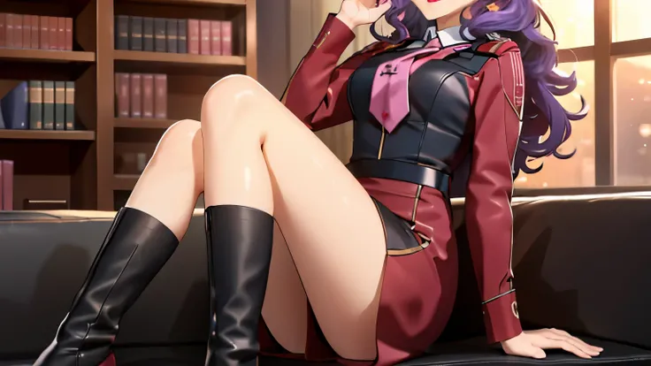 Red,Pink military uniform,（Brown long high heel riding boots），（Extend your legs forward）（full-body shot）
purple hair ,blue eyes,lipstick, long hair,
1 girl, 20 years,young women,beautiful Finger,beautiful long legs,beautiful body,beautiful Nose,beautiful c...