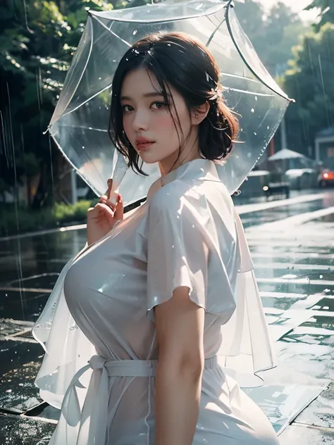 Masterpiece, highest quality, high resolution, solo presentation, voluptuous woman, playing in the rain, transparent white blouse, full figure, large raindrops settlement background.

Best quality, ultra high resolution, photorealistic rendering, raw image...