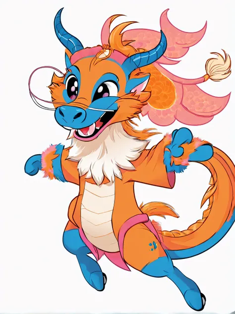 role conception, Cute zodiac dragons，exaggerated gait、Step forward, dynamic action, orange fur, big blue eyes, Squint your eyes and smile mischievously (Crescent), Wearing scarlet clothes, range mark drawing, monochrome, Ballpoint pen outline, 4K, soft pin...