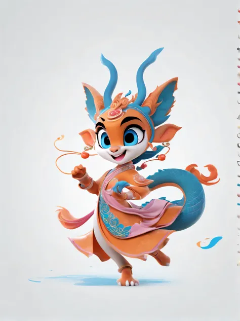 role conception, Cute zodiac dragons，exaggerated gait、Step forward, dynamic action, orange fur, big blue eyes, Squint your eyes and smile mischievously (Crescent), Wearing scarlet clothes, range mark drawing, monochrome, Ballpoint pen outline, 4K, soft pin...