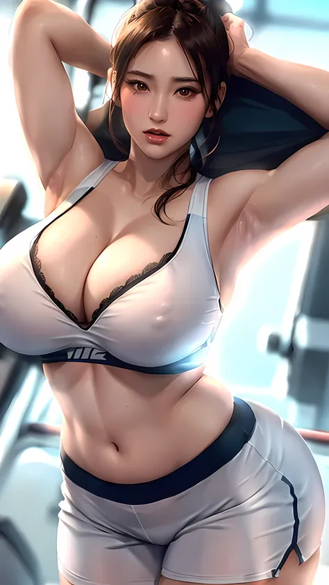 a close up of a woman in a white bra top and shorts, thicc, photorealistic perfect body, chun li at the gym, powerful and huge, oppai, sfw huge breasts, with large breasts, white bra, biomechanical oppai, realistic shaded perfect body, thicc build, large b...