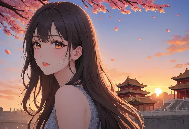 （best quality，4K，8k，high resolution，masterpiece：1.2），super detailed，portrait，美丽的详细Sunset，Beautiful and delicate lips，Extremely detailed eyes and face，long eyelashes，Styling poses，ancient city houses，飘逸of hair，Distant skyline view，夕阳照亮了the forbidden city，Cr...