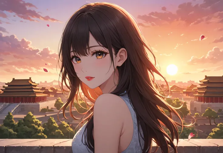 （best quality，4K，8k，high resolution，masterpiece：1.2），super detailed，portrait，美丽的详细Sunset，Beautiful and delicate lips，Extremely detailed eyes and face，long eyelashes，Styling poses，ancient city houses，飘逸of hair，Distant skyline view，夕阳照亮了the forbidden city，Cr...