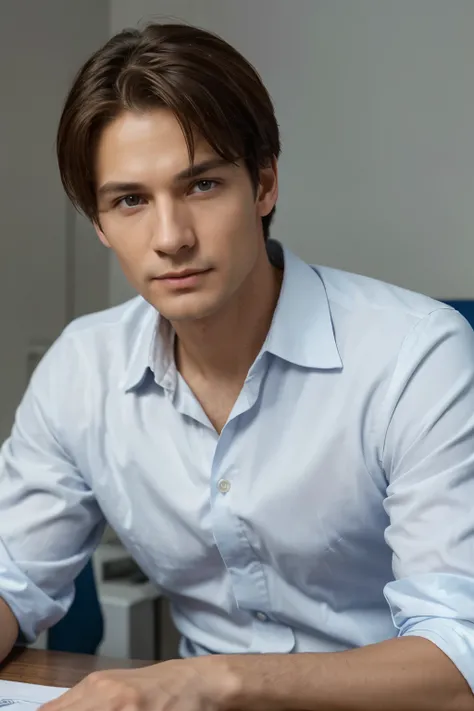 High quality, high definition, high resolution, 8k portrait, very detailed skin, 40 years old, boy, slender body, in hospital, refreshing type, beautiful face, blue contact lenses, wheat-colored skin, looking at camera, wear white suit with shirt, sitting ...