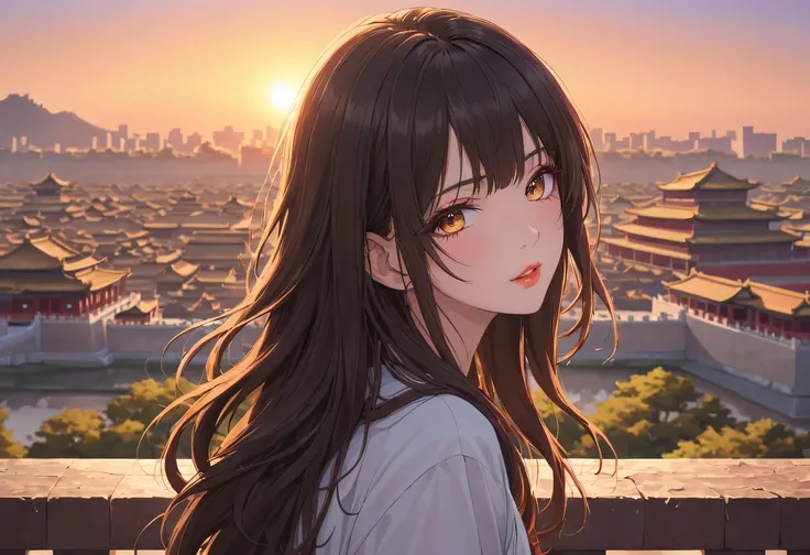 （best quality，4K，8k，high resolution，masterpiece：1.2），super detailed，portrait，美丽的详细Sunset，Beautiful and delicate lips，Extremely detailed eyes and face，long eyelashes，Styling poses，ancient city houses，飘逸of hair，Distant skyline view，夕阳照亮了the forbidden city，Cr...