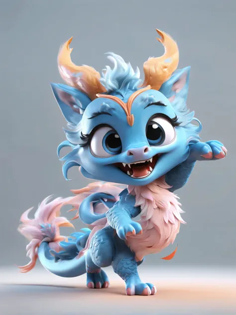 3d rendering, realistic fur, role conception, The cute Chinese zodiac sign Dragon takes an exaggerated stride, dynamic action, orange fur, big blue eyes, Squint your eyes and smile mischievously (Eyes narrowed into crescent shape), Wearing scarlet clothes,...