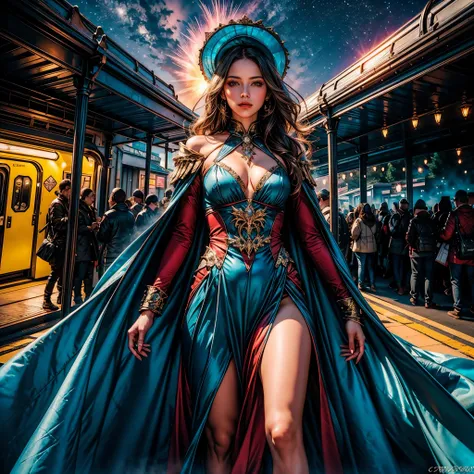 hyper stunning nebula epic vibrant hues ethereal interstellar sparks stars Sun spacious SunShine panoramic sunset Ultra sunrise Cinematic sunlight Train station track UnrealEngine5 Ultra Masterpiece deep path Equirectangular "S’entraîner en mouvement" sur ...