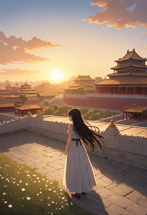 (1 girl:1.2),模特拍照姿势站在ancient city房屋的顶端，flowing long hair，Gaze at the distant skyline，那Sunset余晖与古老的the forbidden city映造出一道美丽的风景，west wind blows girl&#39;Long hair on the ancient road，(the forbidden city:1.3)，(Sunset:1.4)，Sunset，cloud，fallen flowers，ancient ...