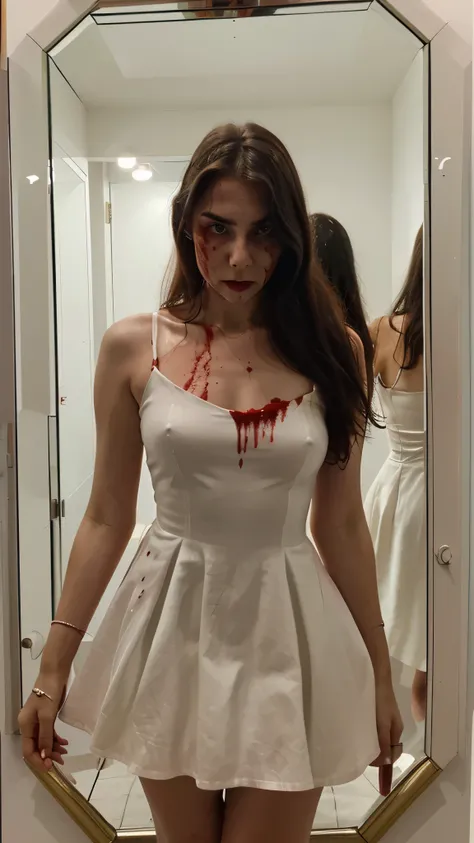 junge Dame, in einem Spiegel sein, Nasenbluten haben, looked scary and angry, wearing a tattered white dress, auf dem Blut tropft, von vorne, direkt in die Kamera schauen