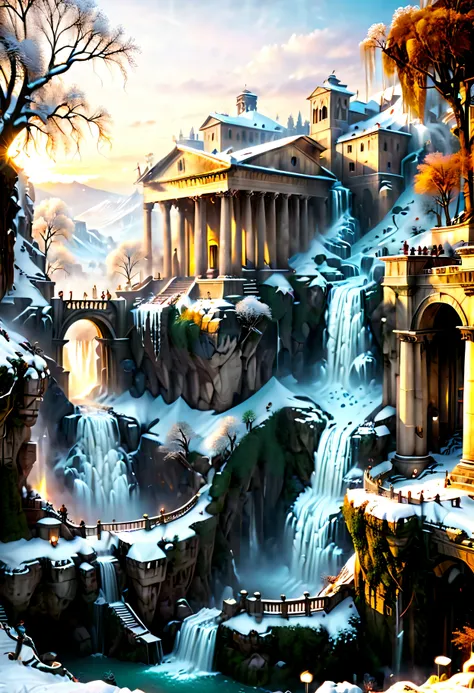 a pagan temple overlooks ancient roman city with majestic freezing waterfall, mesmerizing freezing waterfall by sunset light,((g...