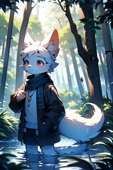 short white hair , In the forest at dusk, Tail dipped in water, no clothes, The tail is not long, Wear a scarf，Face it positively