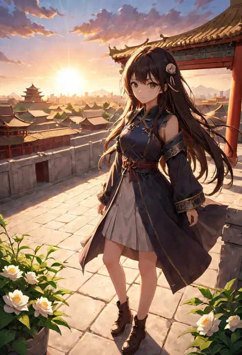 (1 girl:1.2),模特拍照姿势站在ancient city房屋的顶端，flowing long hair，Gaze at the distant skyline，那Sunset余晖与古老的the forbidden city映造出一道美丽的风景，west wind blows girl&#39;Long hair on the ancient road，(the forbidden city:1.3)，(Sunset:1.4)，Sunset，cloud，fallen flowers，ancient ...