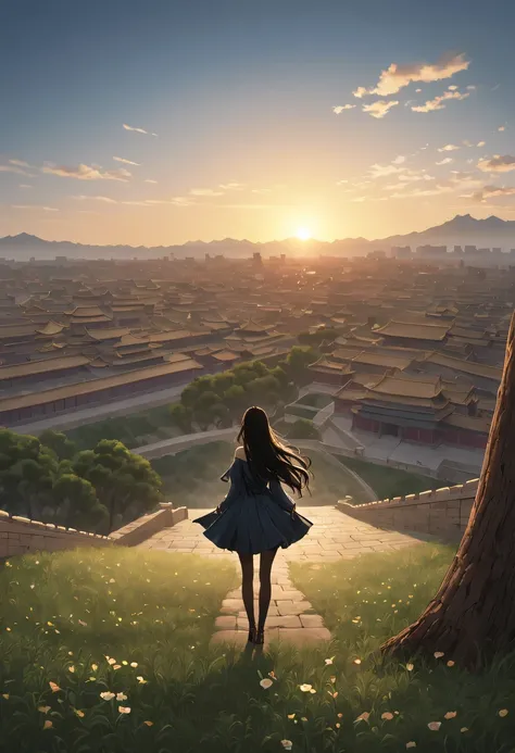 1 girl,模特拍照姿势站在ancient city房屋的顶端，flowing long hair，Gaze at the distant skyline，那Sunset余晖与古老的the forbidden city映造出一道美丽的风景，west wind blows girl&#39;Long hair on the ancient road，the forbidden city，Sunset，Sunset，cloud，fallen flowers，ancient city，dead tree，mot...