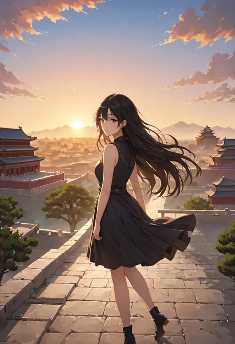 (masterpiece, top quality, best quality, official art, Beautiful and beautiful:1.2), contour，1 girl,模特拍照姿势站在ancient city房屋的顶端，flowing long hair，Gaze at the distant skyline，那Sunset余晖与古老的the forbidden city映造出一道美丽的风景，west wind blows girl&#39;Long hair on the ...