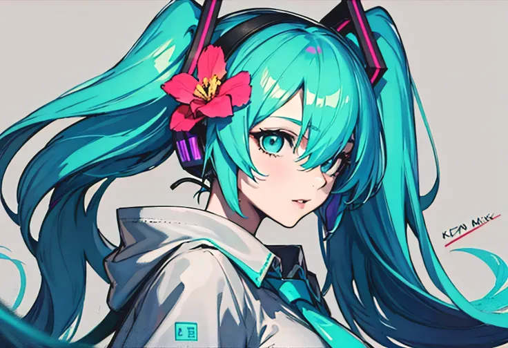 anime girl with flowers in her hair and a gray background, zerochan art, digital art on pixiv, zerochan, anime art wallpaper 4k, anime art wallpaper 4k, pixiv, trending on artstation pixiv, 2d art cover, hatsune miku, cyan colored hair, hatsune miku headph...