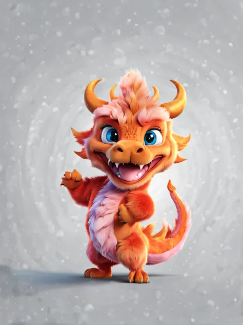 3d rendering, realistic fur, character idea, The cute zodiac dragon takes exaggerated steps, dynamic action, orange fur, big blue eyes, Narrow your eyes and smile mischievously (Eyes narrowed into crescent shapes), wearing scarlet clothes, range mark plot,...