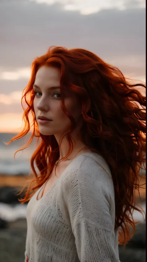 photograph of a red-haired woman with curls blown by the wind, her hair is braided, like a flame against the twilight sky., radiating unbridled beauty