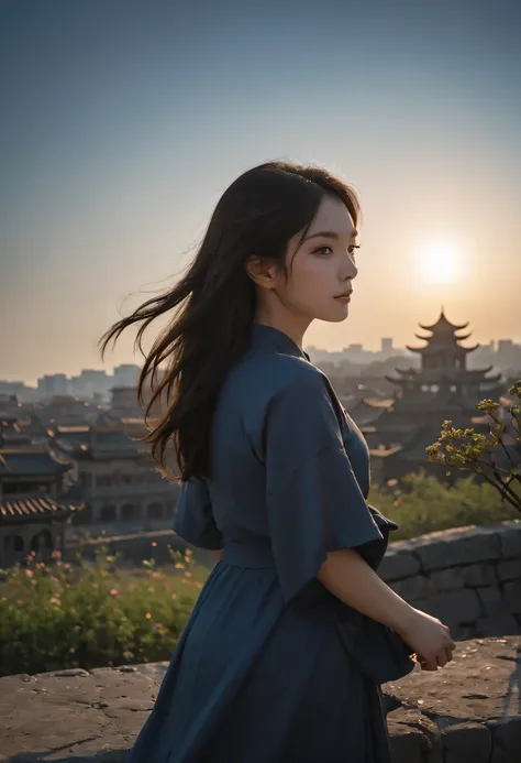 (masterpiece, top quality, best quality, official art, Beautiful and beautiful:1.2), contour，backlight，chiaroscuro，vignette，Light effect，film grain,1 girl,模特拍照姿势站在ancient city房屋的顶端，flowing long hair，Gaze at the distant skyline，那Sunset余晖与古老的the forbidden ci...