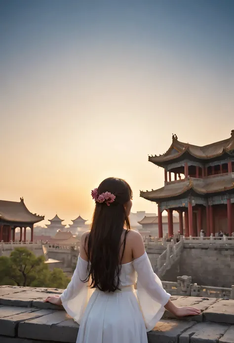 (masterpiece, top quality, best quality, official art, Beautiful and beautiful:1.2), contour，backlight，chiaroscuro，vignette，Light effect，1 girl,模特拍照姿势站在ancient city房屋的顶端，flowing long hair，Gaze at the distant skyline，那Sunset余晖与古老的the forbidden city映造出一道美丽的风...