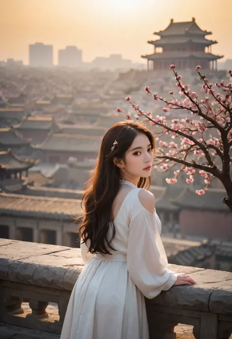 (masterpiece, top quality, best quality, official art, Beautiful and beautiful:1.2), contour，backlight，chiaroscuro，vignette，Light effect，1 girl,模特拍照姿势站在ancient city房屋的顶端，flowing long hair，Gaze at the distant skyline，那Sunset余晖与古老的the forbidden city映造出一道美丽的风...