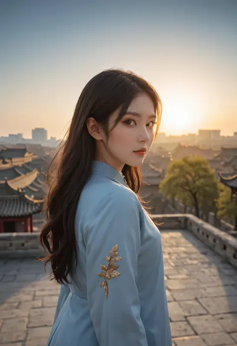 (masterpiece, top quality, best quality, official art, Beautiful and beautiful:1.2), contour，backlight，chiaroscuro，vignette，1 girl,模特拍照姿势站在ancient city房屋的顶端，flowing long hair，Gaze at the distant skyline，那Sunset余晖与古老的the forbidden city映造出一道美丽的风景，west wind b...