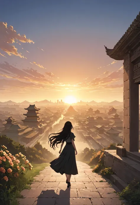 (masterpiece, top quality, best quality, official art, Beautiful and beautiful:1.2), contour，backlight，chiaroscuro，1 girl,模特拍照姿势站在ancient city房屋的顶端，flowing long hair，Gaze at the distant skyline，那Sunset余晖与古老的the forbidden city映造出一道美丽的风景，west wind blows girl...