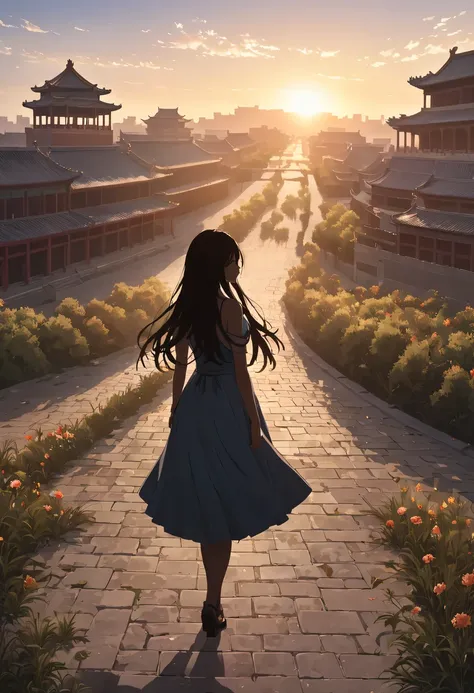 (masterpiece, top quality, best quality, official art, Beautiful and beautiful:1.2), (contour:1.3)，backlight，1 girl,模特拍照姿势站在ancient city房屋的顶端，flowing long hair，Gaze at the distant skyline，那Sunset余晖与古老的the forbidden city映造出一道美丽的风景，west wind blows girl&#39;L...