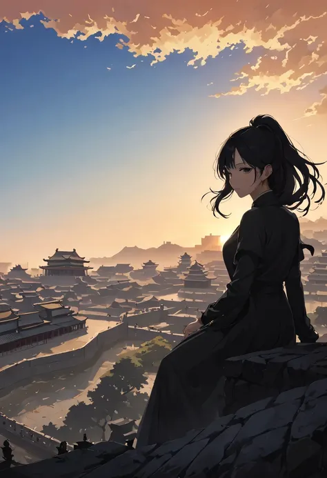 (masterpiece, top quality, best quality, official art, Beautiful and beautiful:1.2), (contour:1.5)，1 girl,模特拍照姿势站在ancient city房屋的顶端，flowing long hair，Gaze at the distant skyline，那Sunset余晖与古老的the forbidden city映造出一道美丽的风景，west wind blows girl&#39;Long hair o...