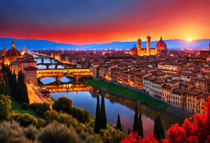 夕焼け色に染まるflorence,madder red,Red gradient,beautiful sunset,Italy,florence,be familiar with,dramatic,masterpiece,Cast colorful spells,rich colors,old fashioned colors,Traditional,Professionally taken photos,超be familiar with,rendering,