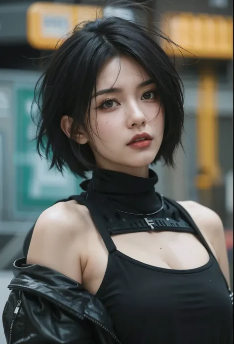 Arafad woman with black hair and black top posing for photo, beautiful cyber punk Girl face, jet black haired cyber punk Girl, Beautiful cyberpunk woman model, dreamy cyber punk Girl, the cyber punk Girl portrait, Alaina Ahenami (alena aenami) and artgerm,...