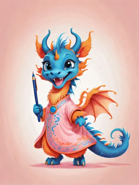 role conception, Featuring the adorable zodiac sign Dragon，exaggerated gait, orange fur, big blue eyes, Squint your eyes and smile mischievously (Crescent), Wearing scarlet clothes, range mark drawing, monochrome, Ballpoint pen outline, 4K, soft pink, inte...